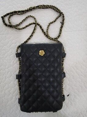 Black Quilted Crossbody Bag with Gold Flower Accent